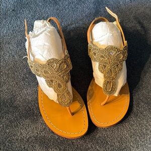 Stuart Weitzman Gold Tan Sandals Ornate Design